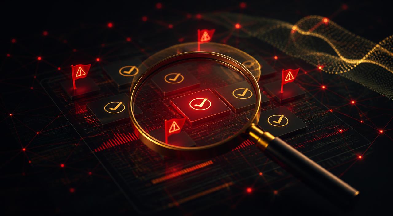 Magnifying glass reviewing checkmarks and red warning flags on a marketing performance dashboard in crimson and gold
