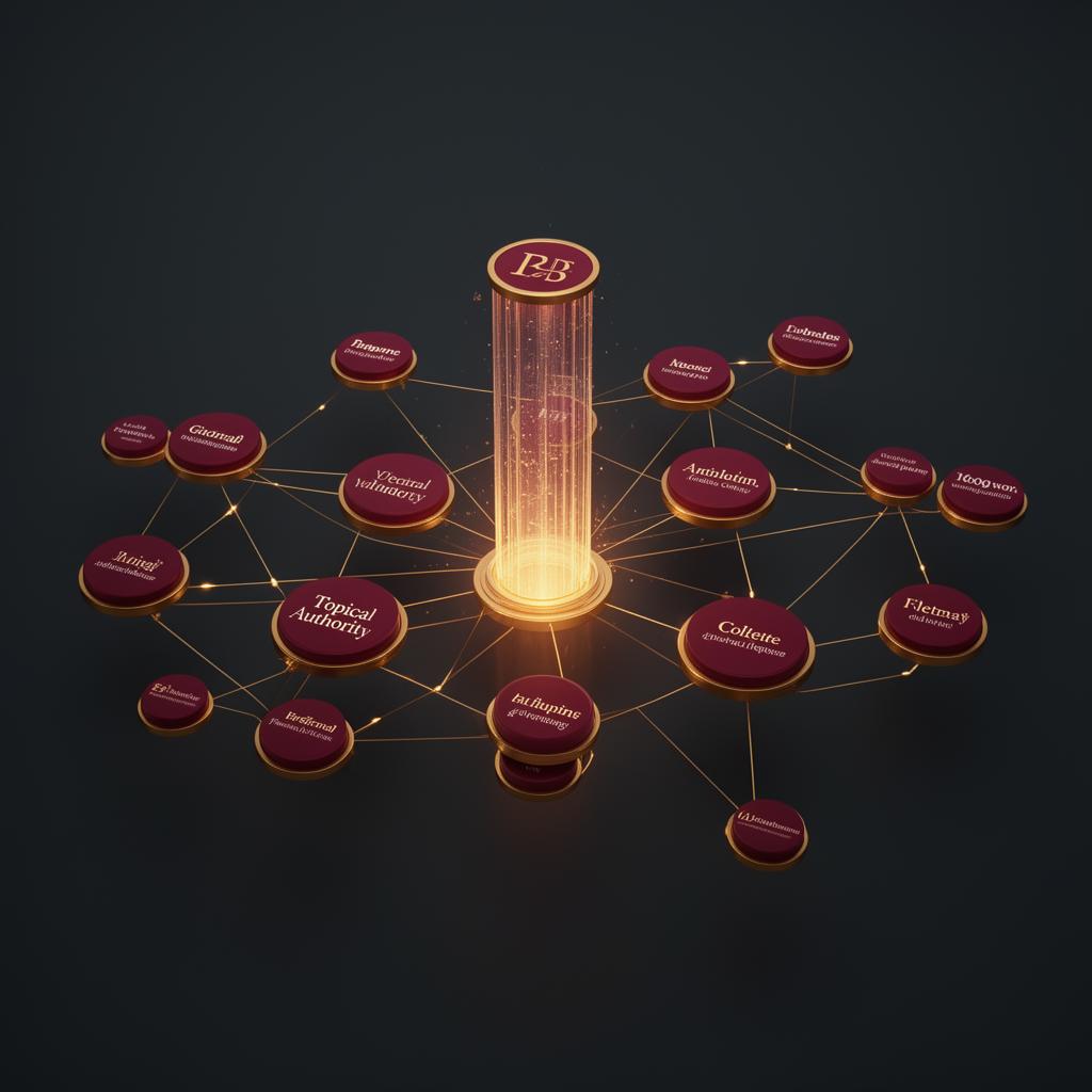 Topical authority network diagram showing a central pillar page connected to related subtopic content clusters